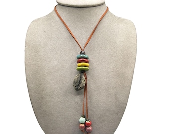 Earthy Colorful Necklace Ceramic Beads Leather Cord Simple Boho Jewelry