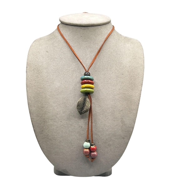 Earthy Colorful Necklace Ceramic Beads Leather Cord Simple Boho Jewelry