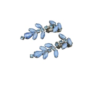 Vintage Blue Rhinestone Clip On Earrings 2&quot; Long Dangles Costume Jewelry