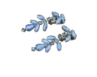 Vintage Blue Rhinestone Clip On Earrings 2" Long Dangles Costume Jewelry