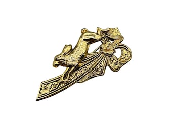 Bunny On A ribbon Pin Brooch Vintage Stamping Ornate Victorian Revival Style Pin