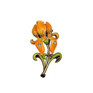 Vintage Orange Enamel Flower Brooch With Rhinestone Accents Gold-Tone Metal Base