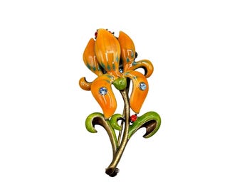 Vintage Orange Enamel Flower Brooch With Rhinestone Accents Gold-Tone Metal Base