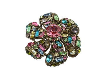 Vtg Hollycraft Pin Brosche Blume Leuchtende grüne Steine Rosa Pastell Strasssteine