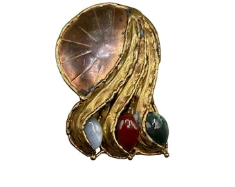 Vintage Brutalist Mixed Metal Pin Brooch Pendant With Polished Semi-Precious Stones