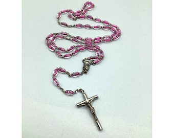 Pink Glass Cross Rosary Made in Italy Vintage Prayer Beads Necklace All Glass