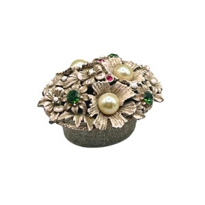 Vintage Florenza Small Enameled Trinket Box Basket of Flowers Rhinestones Pearls