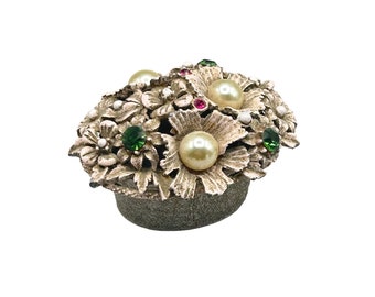 Vintage Florenza Small Enameled Trinket Box Basket of Flowers Rhinestones Pearls