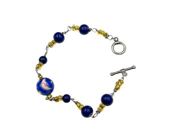 Handcrafted Beaded Whimsical Bracelet Blue Beads Moon Stars Celestial Jewelry