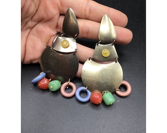 Vintage Statement Earrings Brass & Colorful Beads Cone Shaped Pierced Dangles