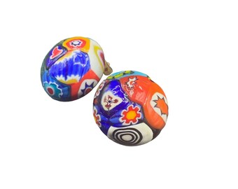 Millefiori Clip Earrings Murano Glass Flowers Clips Round Buttons Domed Vintage