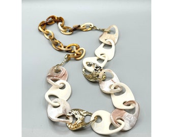 Retro Inspired Chunky Plastic Necklace Celluloid Type Chain Gold Tone Accents