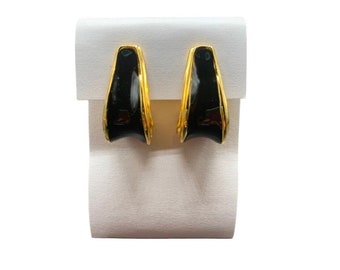 Hoop Style Clip on Statement Earrings Black Enamel and Gold Tone 80s Statement
