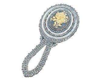 Vintage Florenza Small Hand Mirror Dusty Blue Enamel with Floral Resin Cameo