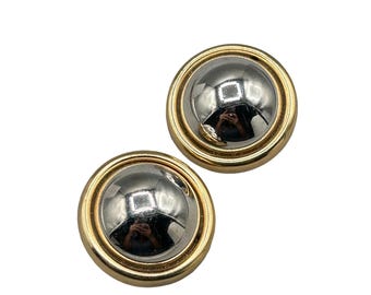 Vintage Signed Napier Clip On Earrings Domed Two Tones Silver Gold Round Buttons