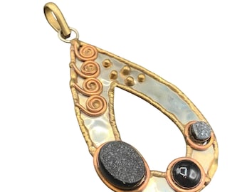 Brutalist Pendant Drop Shaped Mix Metal and Stones Large Handcrafted 70s Pendant