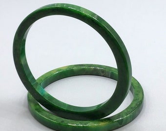 Green Bakelite Bangles Bracelet Pair Set of 2 Square Edges Dark Marbled Green