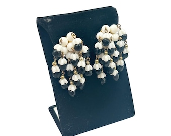 Vintage Clip On Earrings Black White Glass Beads Drop Clusters Waterfall Cascade