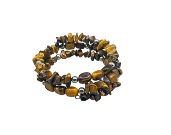 Vintage Tiger Eye Memory Wire Bracelet Gemstone Chips & Beads Unisex Jewelry
