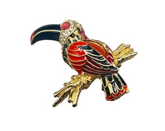 Vintage Bird Toucan Pin Brooch Red And Black Enamel Gold Tone Designer Quality