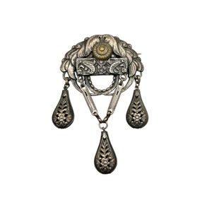 Antique Art Nouveau Brooch With Dangles Silver Tone Ornate Leaves Floral Design