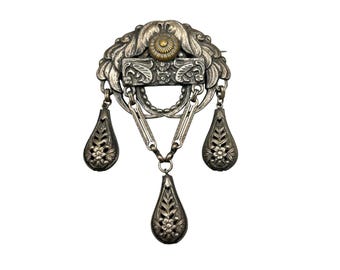 Antique Art Nouveau Brooch With Dangles Silver Tone Ornate Leaves Floral Design