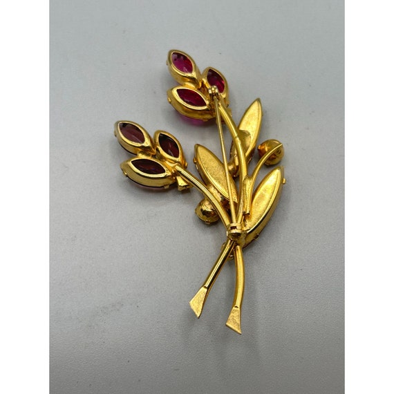 Vintage Navette Red Rhinestones Pin Brooch Gold T… - image 7