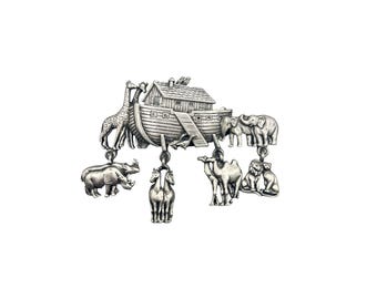 Vintage JJ Signed Noah Ark Pin Brooch Pewter Metal Ark with Animals Jonette Pin