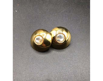 Rivoli Stones Earrings Gold Tone Button 80s 90s Fashion Statement Pierced Studs