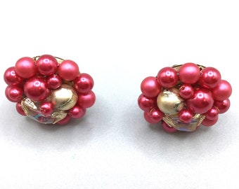 Signed Japan Red Clusters Earrings Beaded Hot Pink Gold Tone Clip On Earrings