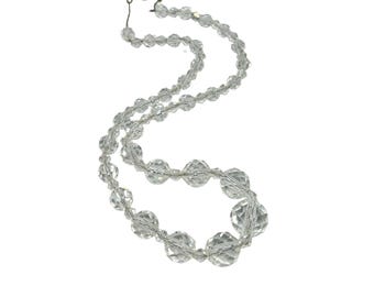 Art Deco Clear Crystal Necklace Sterling Silver Chain Faceted Graduated Beads