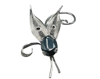 Sterling Silver Filigree Brooch Leaves with Hematite Stone Vintage Leaf Pin