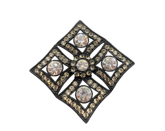 Black and Clear Rhinestones Brooch Maltese Cross Square Vintage Beauty