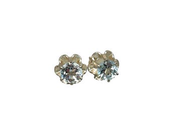 Vintage Sterling Silver Studs Earrings Blue Topaz Small 925 Studs