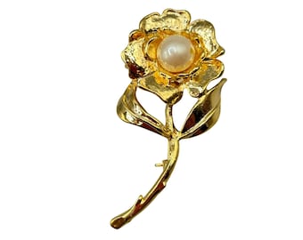 Gold Tone Flower With Pearl Pin Brooch Vintage Jewelry