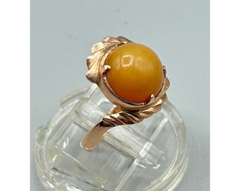 10K Yellow Gold Orange Fire Opal Ring Size 7.25 Round Genuine Opal Gemstone