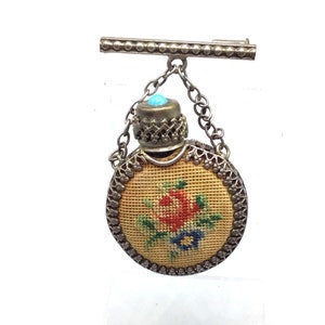 Antique Mini Perfume Bottle Dangle Brooch Filigree Flowers Turquoise Glass Cap