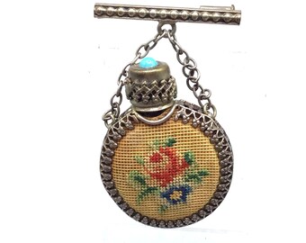 Antique Mini Perfume Bottle Dangle Brooch Filigree Flowers Turquoise Glass Cap