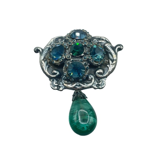 Vintage Jeweled Brooch Faux "Flawed" Emerald Drop… - image 1