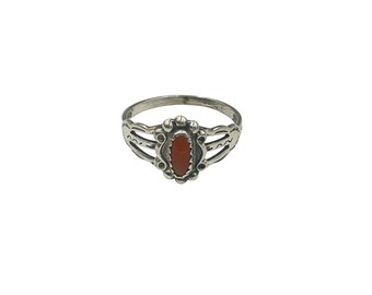 Southwestern Coral Ring Size 6 Sterling Silver Setting Ornate Native Jewelry