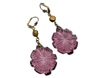 Art Deco Czech Glass Earrings dangles Pressed Amethyst Glass Drops Lever Back Hooks