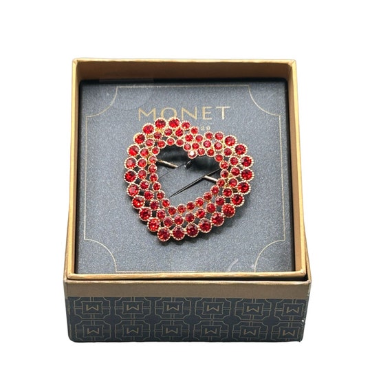 Signed MONET Heart Pin Love Brooch Red Rhinestone… - image 1