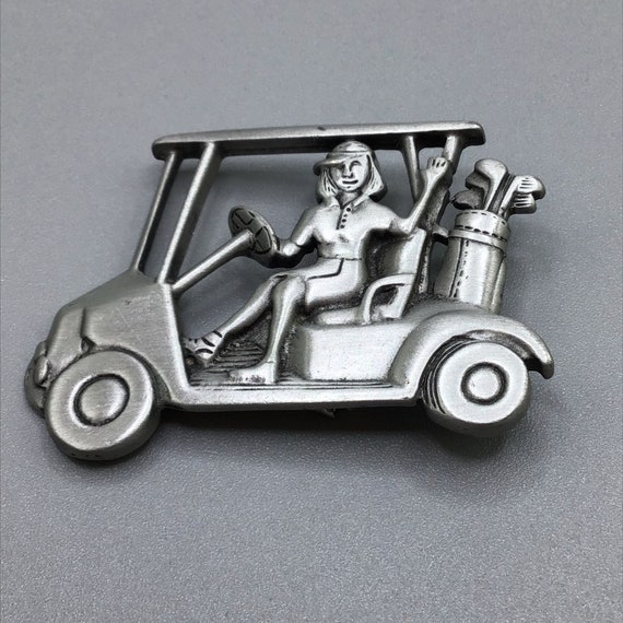 JJ Golf Cart Brooch Pewter Metal Lady Golfer Pin … - image 3