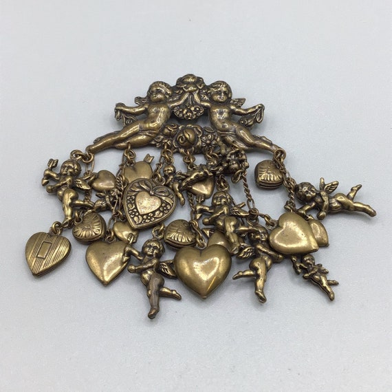 Cluster of Hearts Angels Brooch Charm Dangles Ant… - image 1