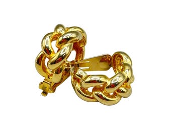 Vintage Chunky Hoop Earrings Gold Tone Clip On Chain Braids Design 80s 90s Clips