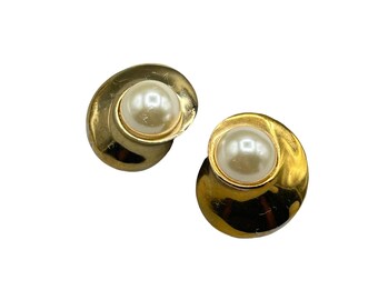 Vintage Gold Tone Clip On Earrings with Faux Pearl Center 1.25" Diameter