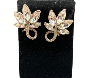 Vintage Rhinestones Earrings Silver Tone Icy Clear Gem Crystals Clip On