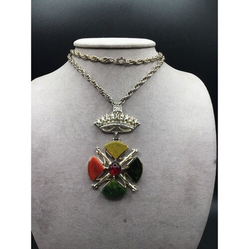 Vintage Bakelite Maltese shops Cross and Crown Necklace Colorful Stones Necklace