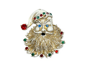 White Enamel SANTA Pin Brooch Christmas Holiday Jewelry Santa Claus With Rhinestones