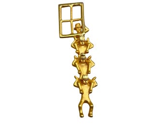 Vintage Goldtone Brooch Climbing Men In Window Pin Unusual Jewelry